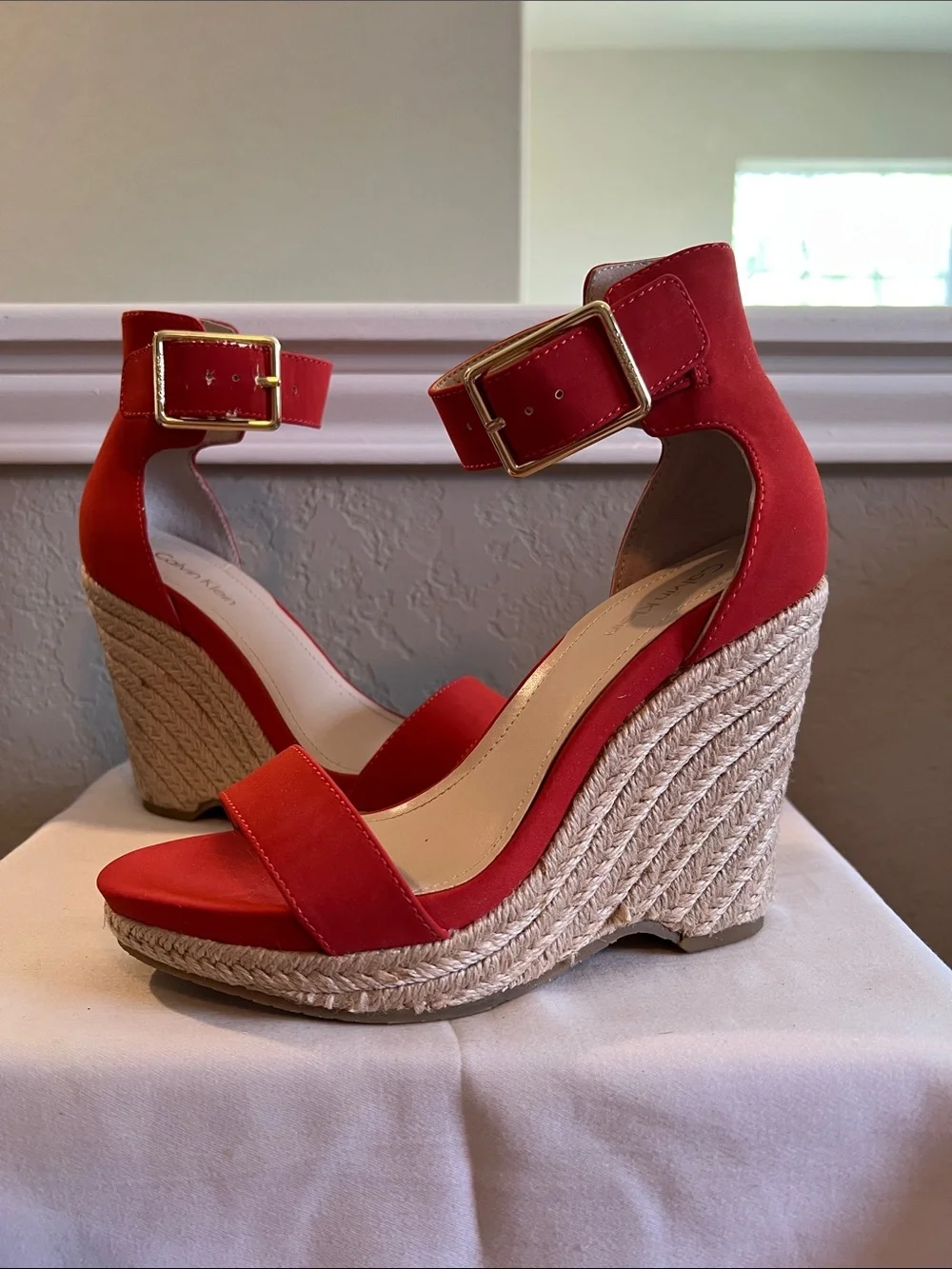 Calvin Klein Coral-Red Espadrille Ankle-Strap Wedges